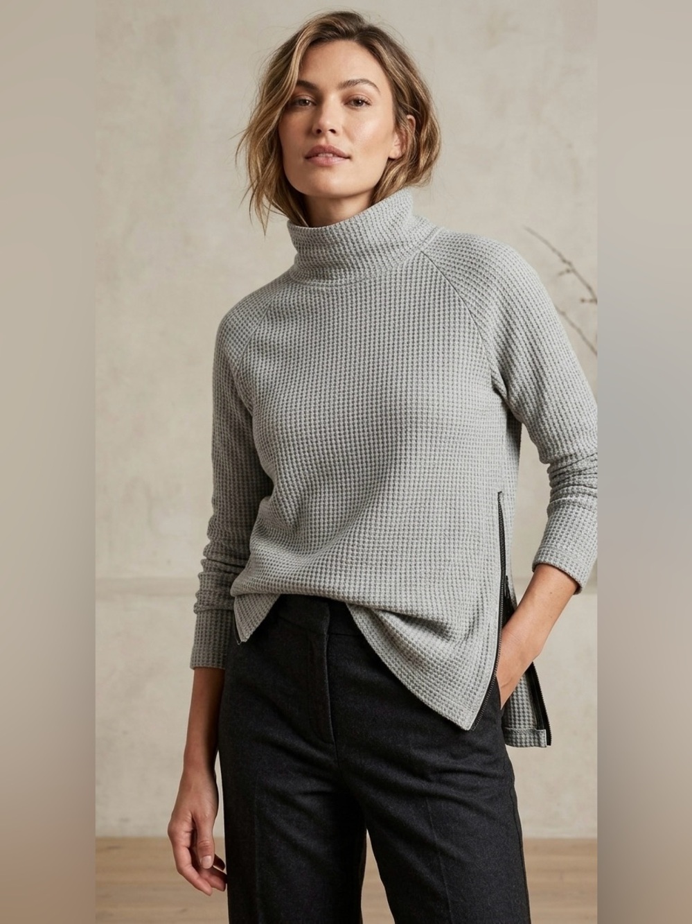 L.L. Bean Signature Women’s XS Grey Waffle Side-Zip Mock Neck Sweater